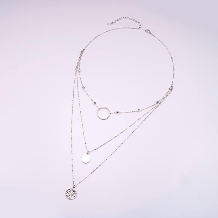 FLYOW Layered Necklace S925 Sterling Silver Triple Multilayer Necklace Long Chain Dainty Pendant Necklace for Women