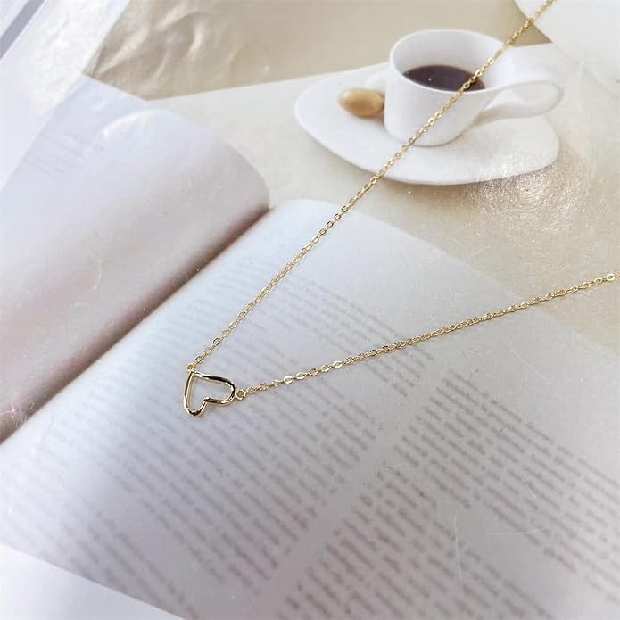 NewZenro Cute Open Heart 925 Sterling Silver Choker Necklace for Women Minimalist 14k Gold/Silver Plated Tiny Hollow Heart Love Necklaces Adjustabel Chain Fashion Jewelry Gifts 17.7"
