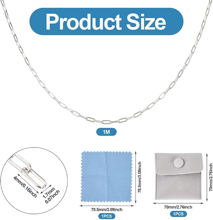 Elecrelive 3.28 Ft 925 Sterling Silver Paperclip Chains 1.7mm Soldered Oval Link Chains Permanent Jewelry for Women's Trendy Layering Necklace Bracelet Making