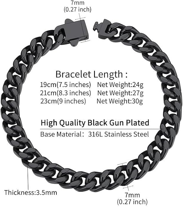 ChainsHouse Stainless Steel Cuban Link Bracelet for Men, 5mm/7mm/9mm/12mm Width, 7.5"/8.3"/9" Length, Black/18K Gold Plated Chain Wrist Bracelets for Men, with Gift Box
