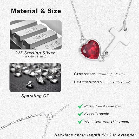 Sideways Cross Necklace with Heart Birthstone 925 Sterling Silver Dainty Tiny Cute Necklace Christian Religious Faith Gifts