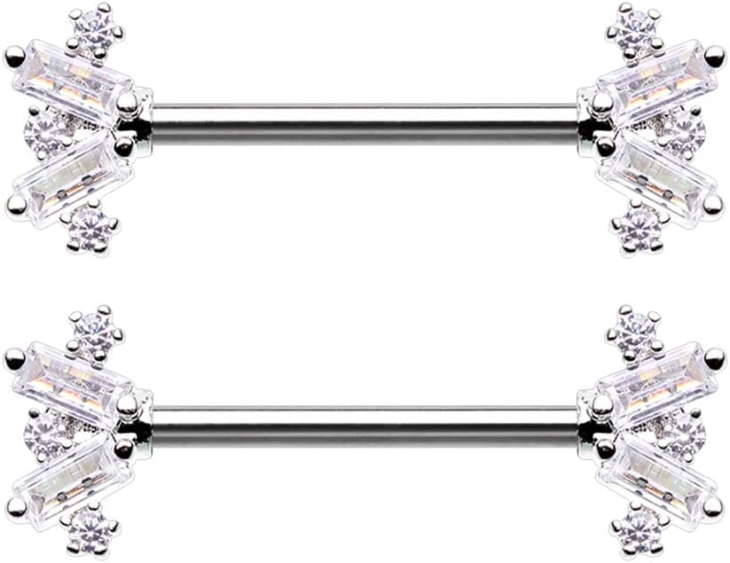 Pierced Owl 14GA Stainless Steel Stacked CZ Crystal Baguette Gem Ends Nipple Barbells, Sold as a Pair
