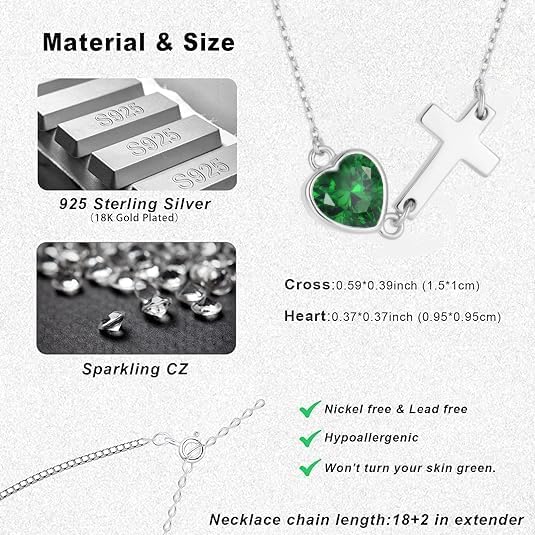 Sideways Cross Necklace with Heart Birthstone 925 Sterling Silver Dainty Tiny Cute Necklace Christian Religious Faith Gifts