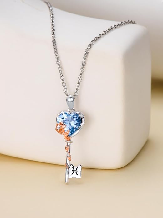 OCJ Zodiac Necklace for Women 925 Sterling Silver Rose Flower Key Pendant Necklaces Zodiac Birthstone Jewelry Wife Birthday Anniversary Christmas Gifts for Her