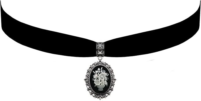 Victorian Vault Black Velvet Choker Rose Flowers Cameo Gothic Steampunk Pendant Necklace