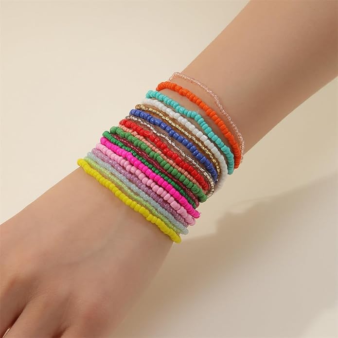 Fuqimanman2020 18Pcs Boho Stackable Beaded Bracelets for Women Colorful Handmade Multilayered Rice Beads Anklets Set Summer Beach Bohemian Jewelry Gift