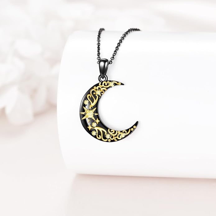 VONALA Crescent Moon Necklace Sterling Silver Emerald/Red/Purple/Black/Rainbow Topaz/Green/Aquamarine/Blue/Moss Agate Celtic Moon Teardrop Necklace Celtic Jewelry Gifts for Women Birthday