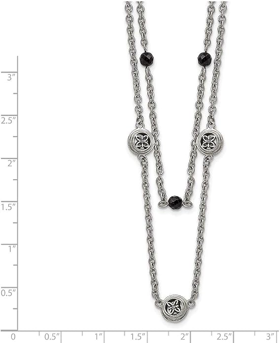 Solid Stainless Steel Black Onyx 2in Extension Layered Necklace Chain - with Secure Lobster Lock Clasp 23.75"