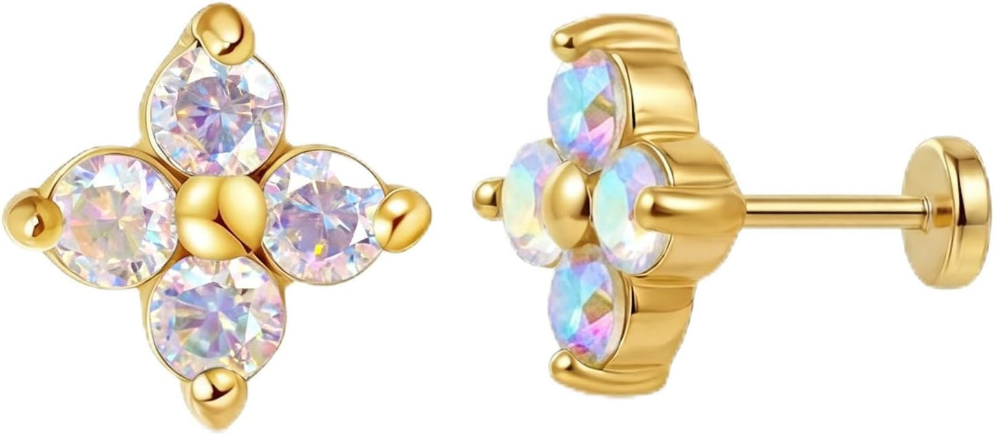 FANSING Short Threadless Cartilage Earring Stackable CZ Birthstone Flat Back Earrings for Women Small Stud Earrings for Tragus Helix Earlobe 18K Gold Plated ‌Rainbow 5.0mm