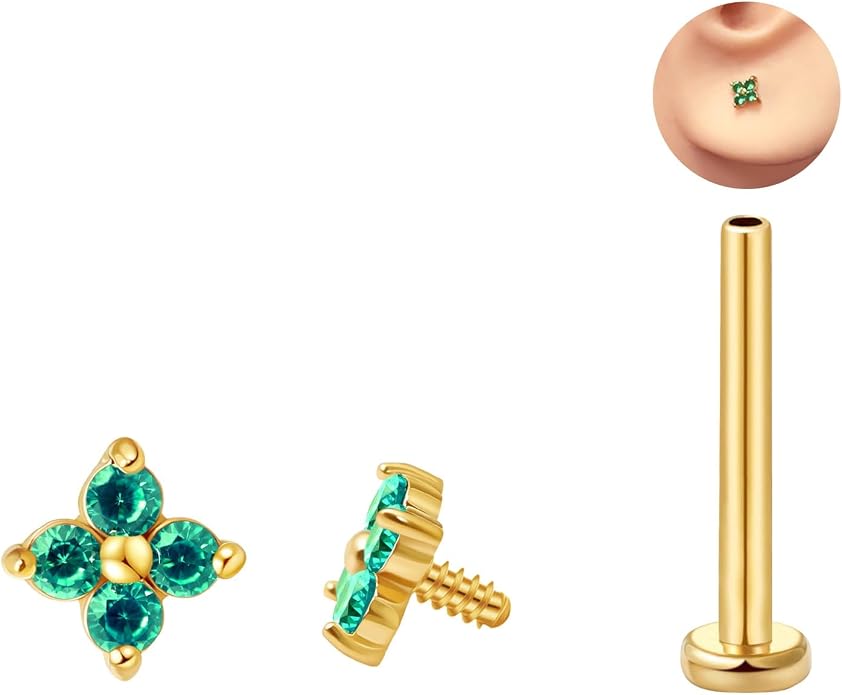 FANSING CZ Flower Internally Threaded Flat Back Earring Labret Stud for Cartilage Tragus Helix Conch