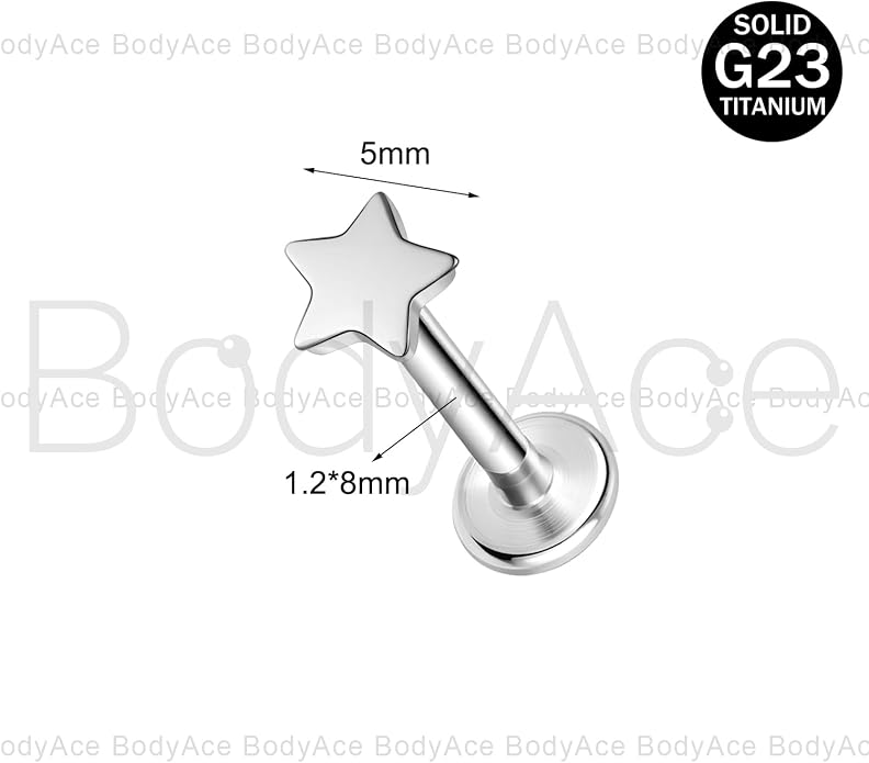 F136 Titanium Body Piercing Studs, Internally Threaded Star Lip Ring Bow Conch Tragus Stud, 16G Flat Back Cartilage Earring Studs with Piercing Taper