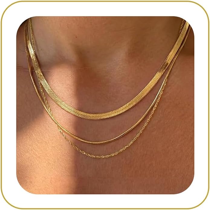 Tewiky Layered Necklaces for Women Non Tarnish- Chunky 14k Gold Plated Herringbone/Snake/Rope/Box/Cuban Link Chain for Women Waterproof Layering Stack Choker Necklace Trendy Dainty Tarnish Free Jewelry Set