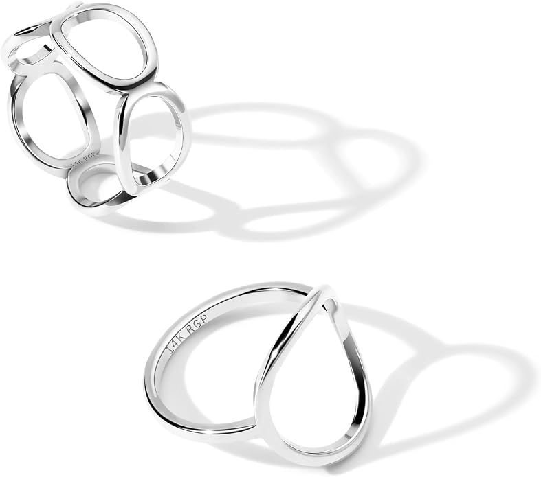 2PCS Circle Statement Ring Set for Women 14K Gold Plated Simple Link Chain Knuckle Stacking Bands（Gold and Silver, Size 5 to 10）