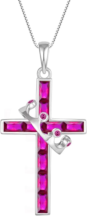 Gemstone Crown Cross Necklaces for Women, 925 Sterling Silver Rectangular cut Zircon Pendant With Rotated Crown Faith Cross Jewelry Gift