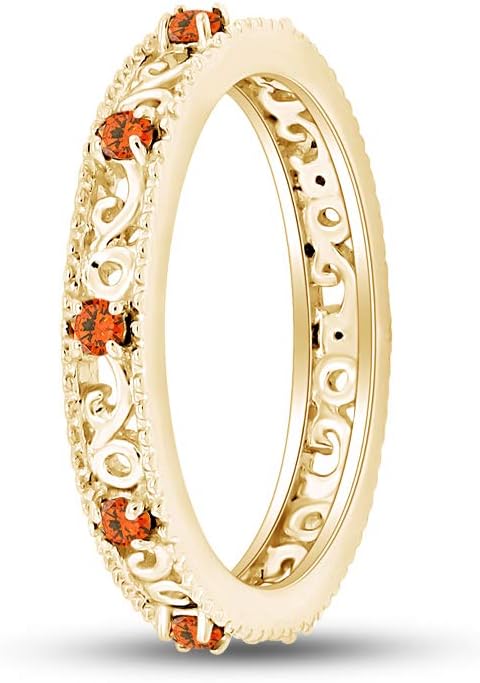 Jewel Zone US Filigree Eternity Wedding Band Ring for Women, Round Cut Simulated Gemstone Stackable Promise Ring in 14K Gold Plated 925 Sterling Silver Band Width 3.5mm – Elegant Jewelry for Her