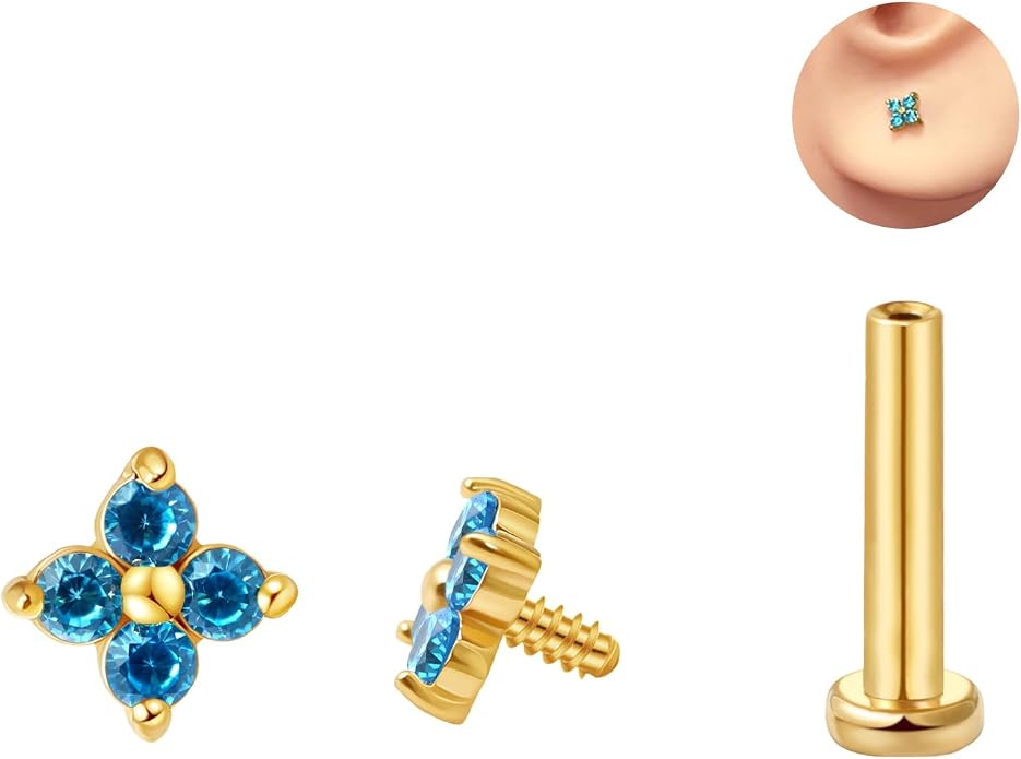 FANSING CZ Flower Internally Threaded Flat Back Earring Labret Stud for Cartilage Tragus Helix Conch