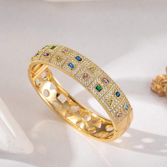 Gold Silver Plated Inspirational Cuff Bangle Bracelets for Women, Multicolor Crystal Statement Jewelry with Gift Box, Encouraging Bracelet Gift for Her Birthday Christmas