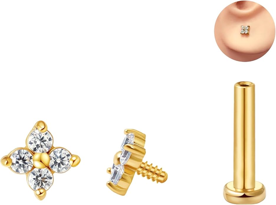 FANSING CZ Flower Internally Threaded Flat Back Earring Labret Stud for Cartilage Tragus Helix Conch