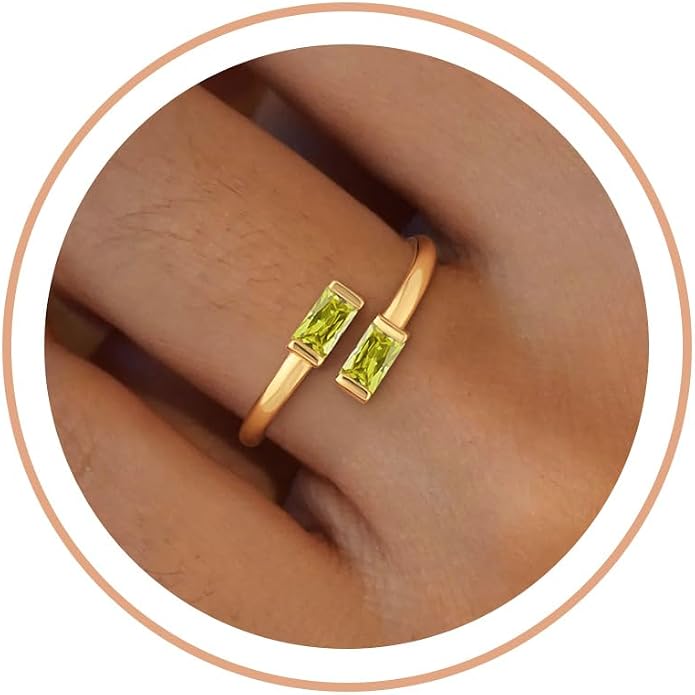 Honsny Gold Birthstone Rings for Women Non Tarnish 14K Gold Plated Adjustable Emerald Ring Cubic Zirconia Gemstone Promise Ring for Her Engagement Personalized Waterproof Jewelry Gifts for Birthday
