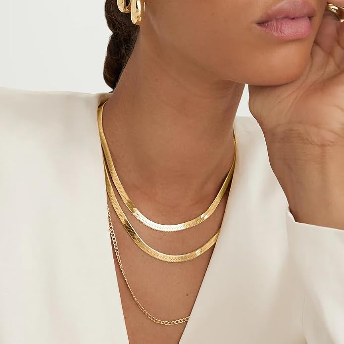 WomenGifts 14K Gold Silver Plated Herringbone Necklace for Women, Dainty Snake Chain Choker, Trendy Simple Long Layered Jewelry Non Tarnish, 3/4/5/8mm,14,16,18,20,22,24,26 Inch Thin & Chunky Options