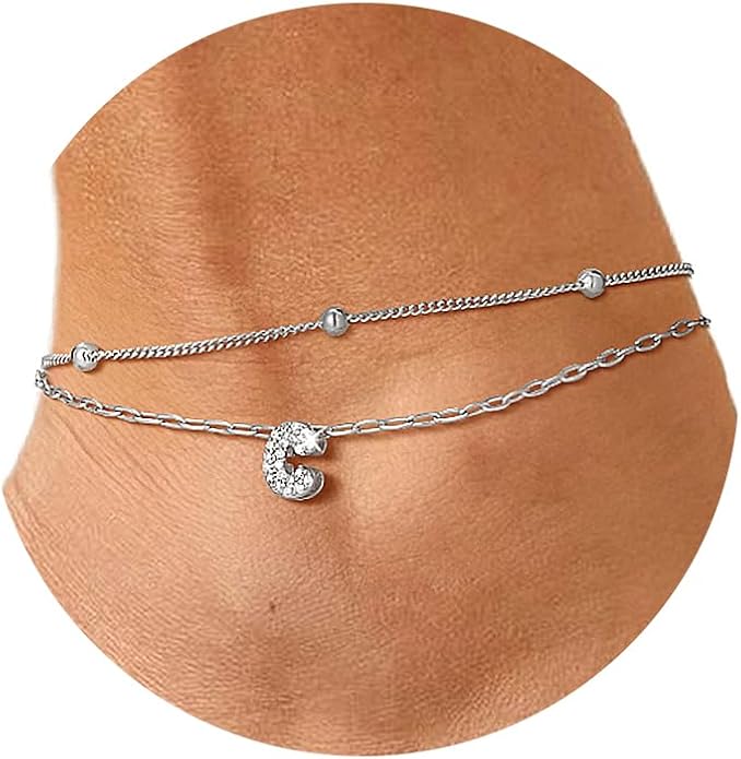 FindChic Silver/14K Gold Plated Layered CZ Initial Ankle Bracelet for Women | Waterproof Stainless Steel, Cubic Zirconia Letter Charm, Non-Tarnish, Hypoallergenic, Adjustable Extender, Summer Jewelry