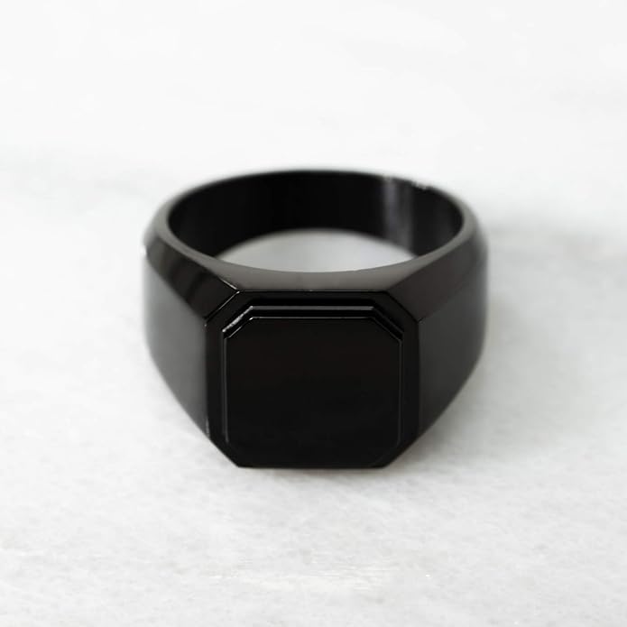 Jewelry | Stainless Steel Letter Alphabet Initial Ring | Square Flat Top Ring for Men & Women | Stainless Steel Jewelry, (Black, Gold, Silver), Size 7-16