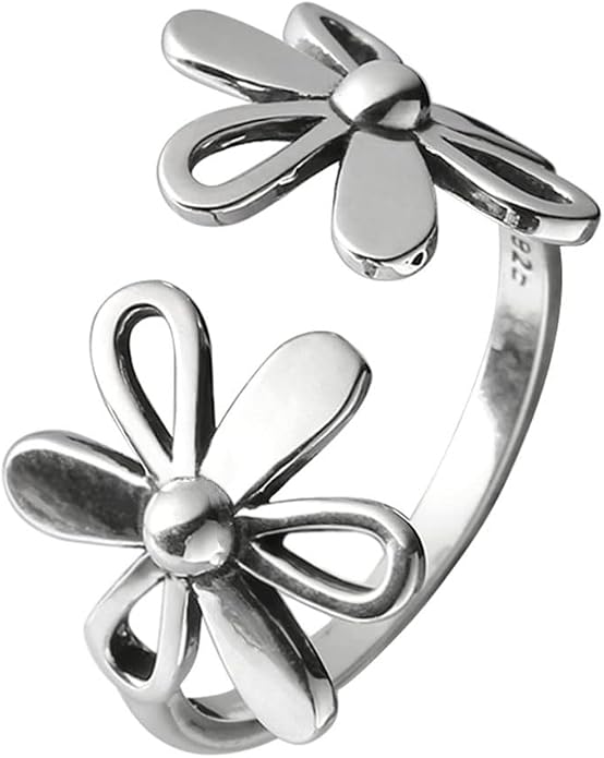 Dtja Daisy Flower 925 Sterling Silver Adjustable Open Ring for Women Girls Hypoallergenic Expandable Wedding Statement Finger Rings Comfort Fit Dainty Engagement Birthday Mother's Jewelry Gift
