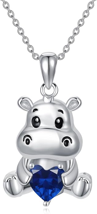 PROESS Animal Birthstone Necklace 925 Sterling Silver Otter/Axolotl/Hippo/Elephant/Dachshund/Monkey/Red Panda Pendant Necklace Animal Birthstone Jewelry Gifts for Women
