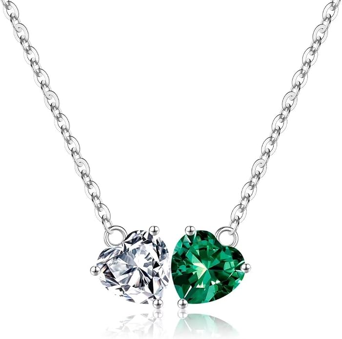 Iefil 1.25Ct Double Heart Birthstone Necklace - 925 Sterling Silver Birthstone Necklace, Birthday Gifts for Women, Jewelry Gifts for Mom Daughter Wife