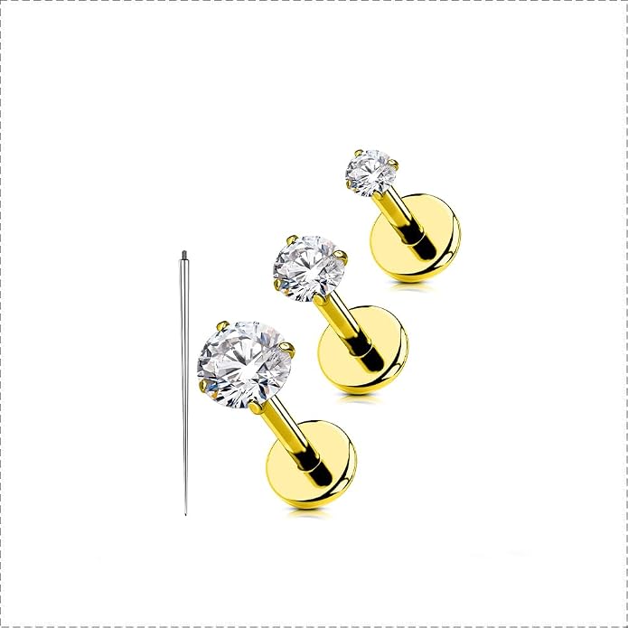 OUFER 18G 6/7/8MM Flat Back Cartilage EarRings-3PCS Gold Titanium Extended Internally Threaded Lip Piercing 2/3/4MM Round Clear CZ Helix Piercing Jewelry