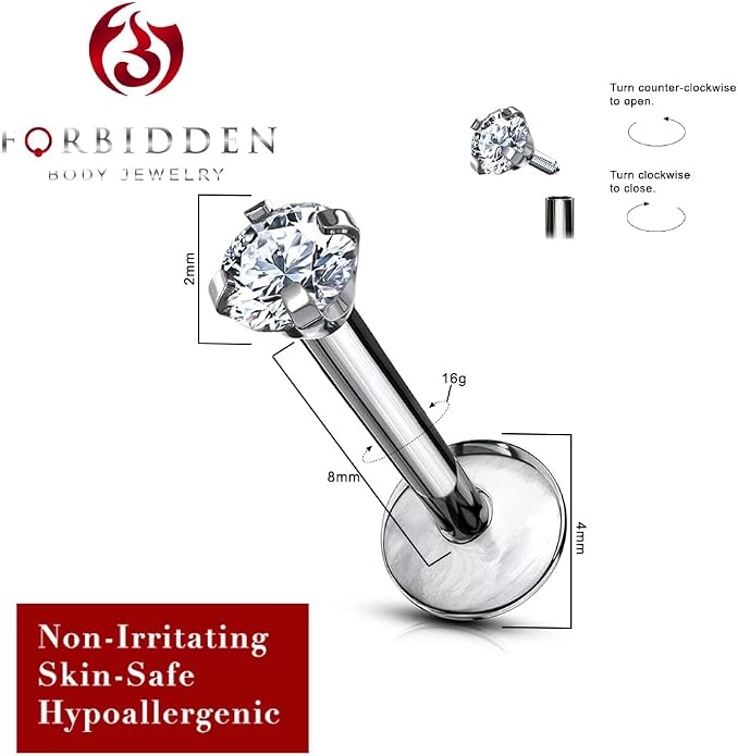 16 g Titanium Internally Threaded Tragus Piercing Jewelry CZ Top Flat Back Piercing Nose Studs Earring, Helix, Cartilage, Labret, Monroe for Women or Men