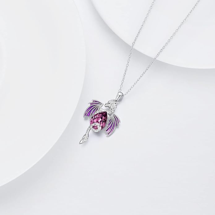 Dragon Necklace for Men Sterling Silver Birthstone Wyvern Necklace Embllished with Teardrop Shaped Crystal Jewelry for Women