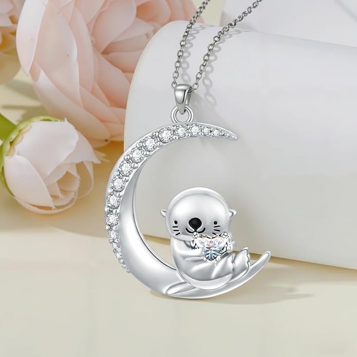 PROESS Animal Birthstone Necklace 925 Sterling Silver Otter/Axolotl/Hippo/Elephant/Dachshund/Monkey/Red Panda Pendant Necklace Animal Birthstone Jewelry Gifts for Women