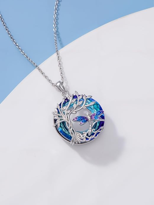 TOUPOP Sterling Silver Tree of Life Hummingbird/Dragonfly/Owl/Panda Necklace Crystal Bird Jewelry Birthday Christmas Valentines Day Gifts for Her Girlfriend Mom