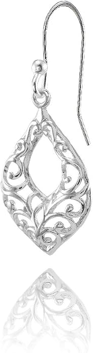Hoops & Loops 925 Sterling Silver Open Teardrop Leaf Shape Filigree Dangle Drop Hook Earrings for Women, Silver, Yellow & Rose Gold