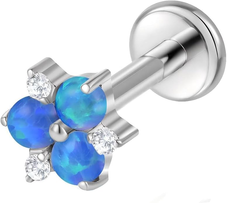 16G Internally Threaded Titanium Opal Flower Labret Tragus Stud, Monroe Lip Ring Helix Piercing Jewelry