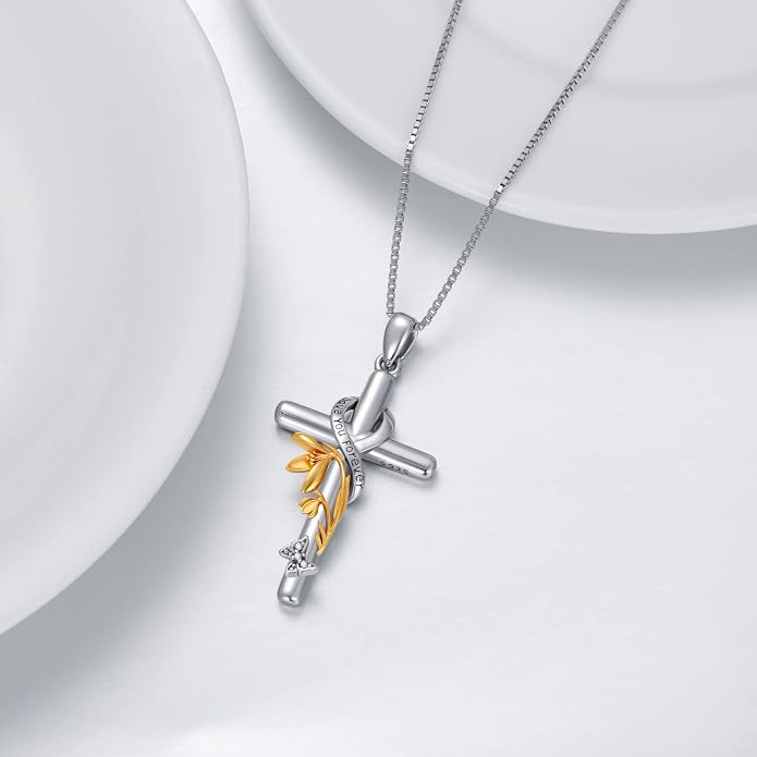 Cross Necklace for Women 925 Sterling Silver I Love You Necklace Religious Jewelry with Gift Box for Mother Daughter