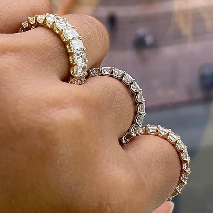 Cubic Zirconia Ring for Women, Emerald Cut Cubic Zirconia Eternity Ring, Fashion Wedding Band Style, Continuous Diamond Design