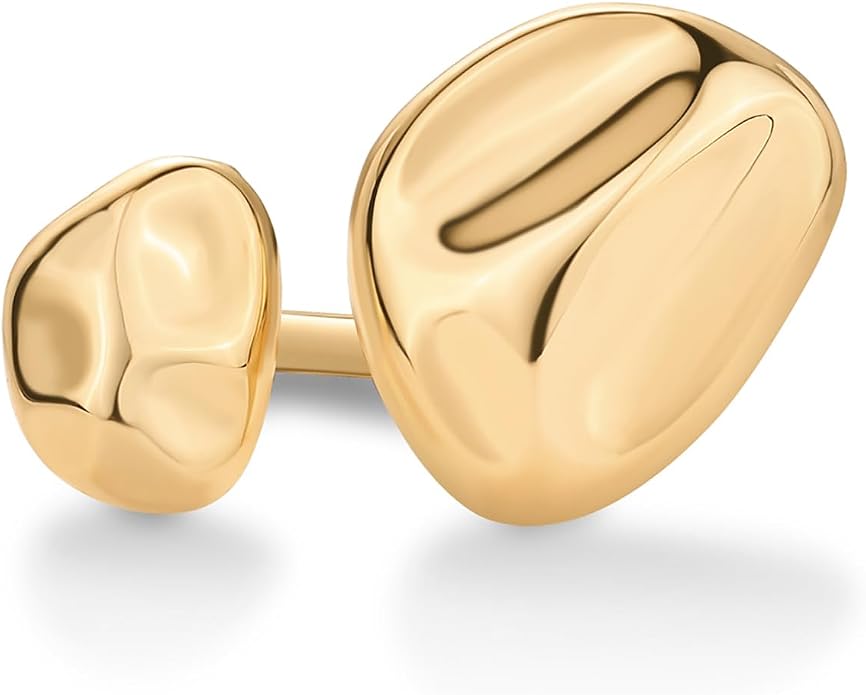 PAVOI 14K Gold Plated Chunky Open Statement Rings for Women - Bold Hammered Double Pebble Stackable Ring - Trendy Geometric Organic Fashion Bands Jewelry