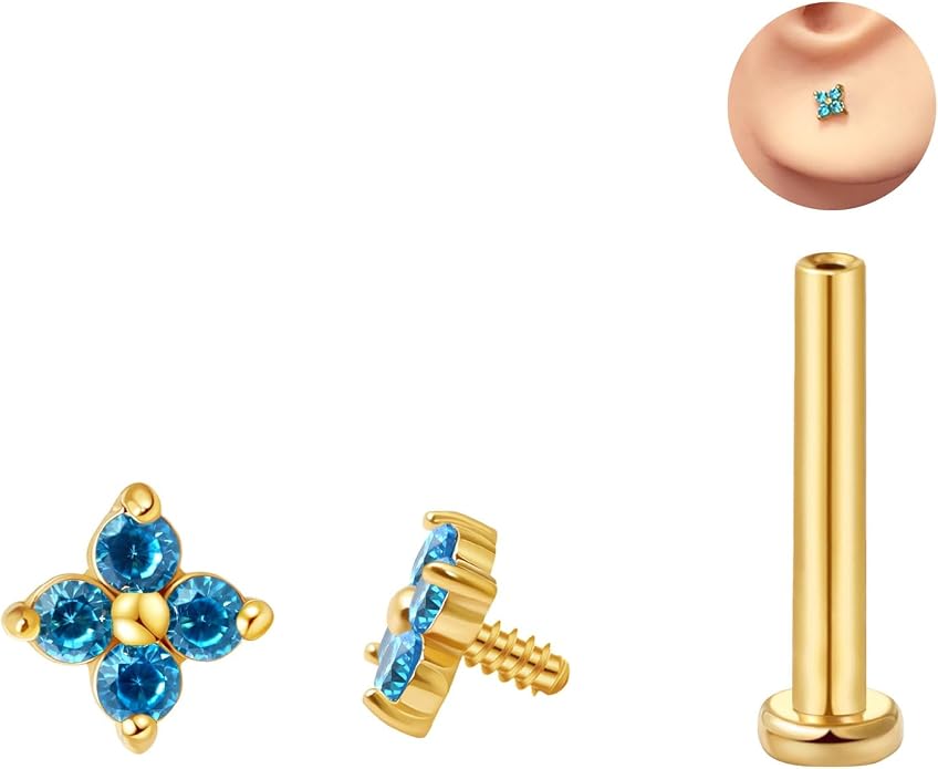 FANSING CZ Flower Internally Threaded Flat Back Earring Labret Stud for Cartilage Tragus Helix Conch