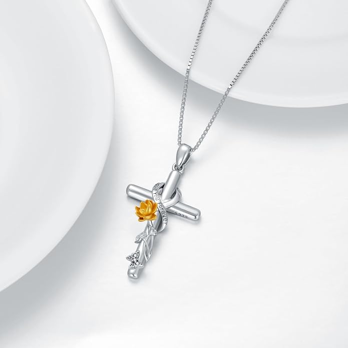 Cross Necklace for Women 925 Sterling Silver I Love You Necklace Religious Jewelry with Gift Box for Mother Daughter