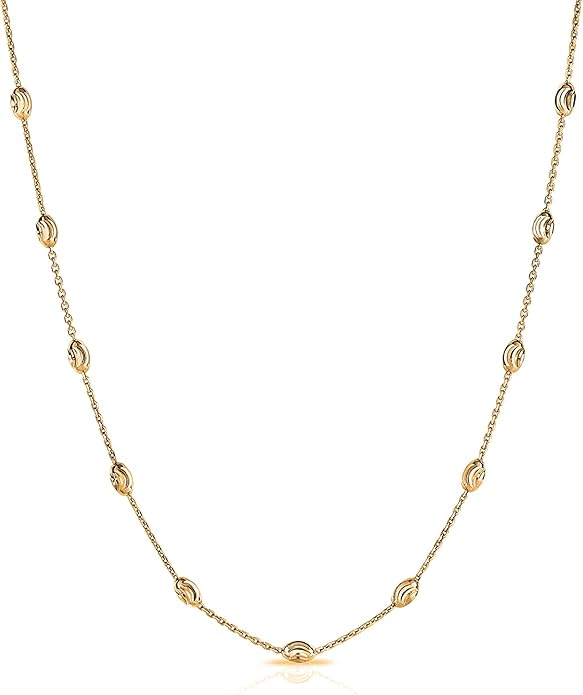 Savlano 18K Gold Plated Over 925 Sterling Silver Station Oval Moon Bead Necklace Chain For Women. Silver, Gold, Rose Gold - Made in Italy Comes With a Gift Box