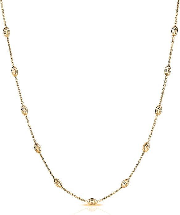 Savlano 18K Gold Plated Over 925 Sterling Silver Station Oval Moon Bead Necklace Chain For Women. Silver, Gold, Rose Gold - Made in Italy Comes With a Gift Box