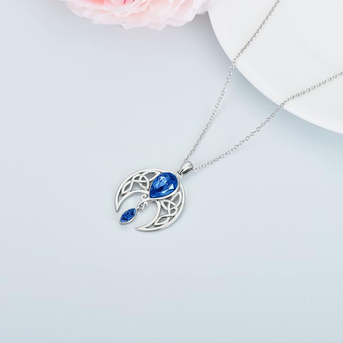 AOBOCO Sterling Silver Celtic Crescent Moon Goddess Pendant Irish Good Luck Necklace with Birthstone Crystal, Celtic Moon Jewelry Gift for Women Mom Wife