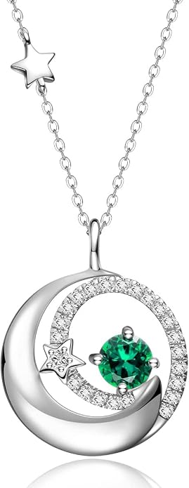 FANCIME Birthstone Necklaces 925 Sterling Silver Moon and Star Pendant Fine Jewelry Birthday Mothers Day Gifts for Mom Wife Her Daughter, Adjustable Chain 16+2"