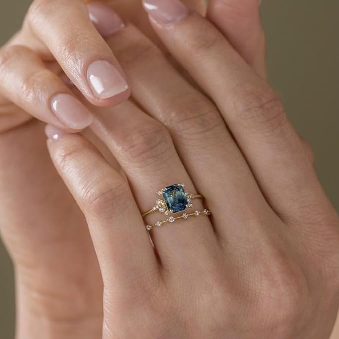 Cutesmile 2pcs Gold Ring Set Fashion Simple Tiny 14k Gold Filled Perfect Princess Cut Peacock Blue Gemstone CZ Crystal Diamond Engagement Wedding Rings Set Size 5-11 for Women(8)