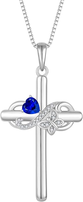 Infinity Butterfly Cross Necklace for Women 925 Sterling Silver Christian Religious Crucifix Pendant Birthstone Jewelry Gifts for Her