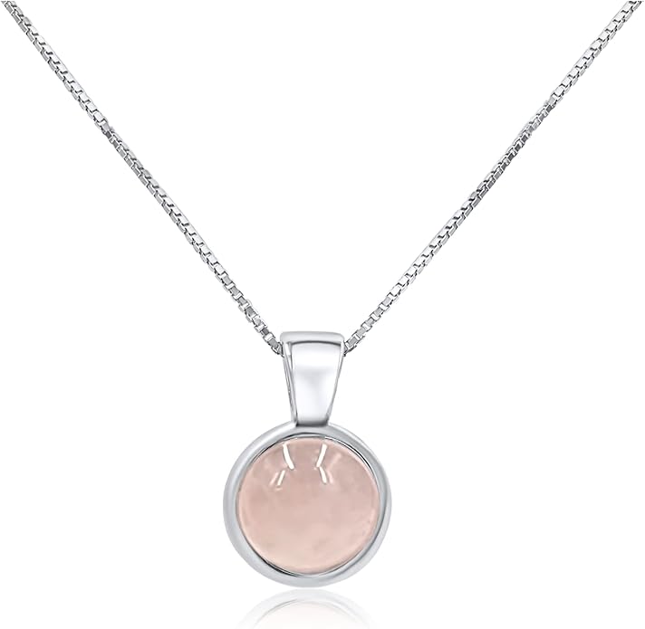 Natural gemstone 8mm round pendant with white gold over 925 sterling silver bezel cabochon plate and box chain, real genuine dainty birthstone gift for her, uniquelan jewelry