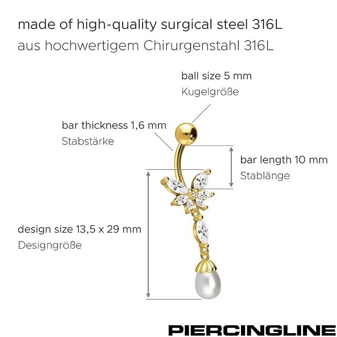 PIERCINGLINE surgical steel dangle belly button piercing with butterfly + synthetic pearl - belly button ring surgical steel, gold, silver, rosegold piercing - new version with improved durability