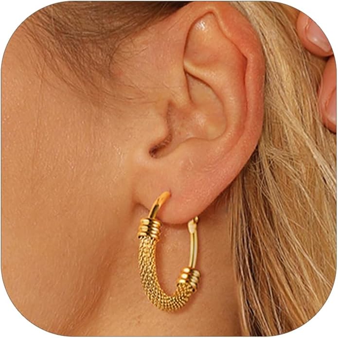FOCALOOK 14K Gold Plated Hoop Earrings, Lightweight Hypoallergenic Large Stainless Steel Black Hoops Earrings for Women 20/30/40/50/60/70/80mm